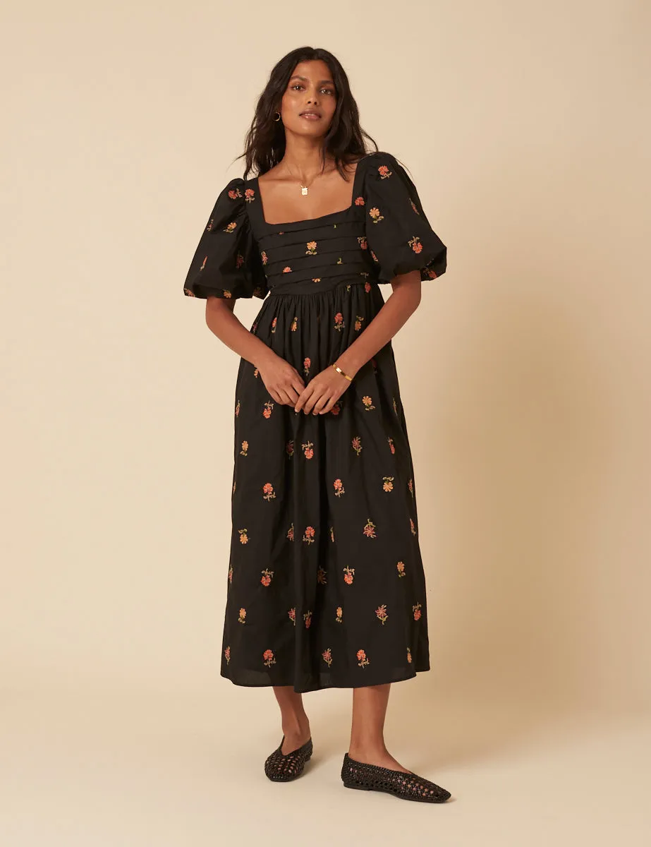 Black Floral Embroidered Nova Midi Dress sold by Nobody's Child