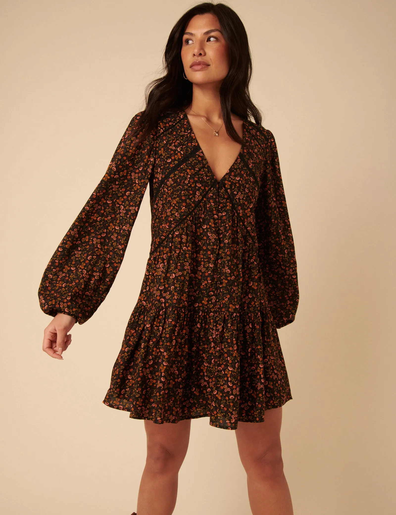 Black Ditsy Floral Long Sleeve Marley Mini Dress sold by Nobody's Child