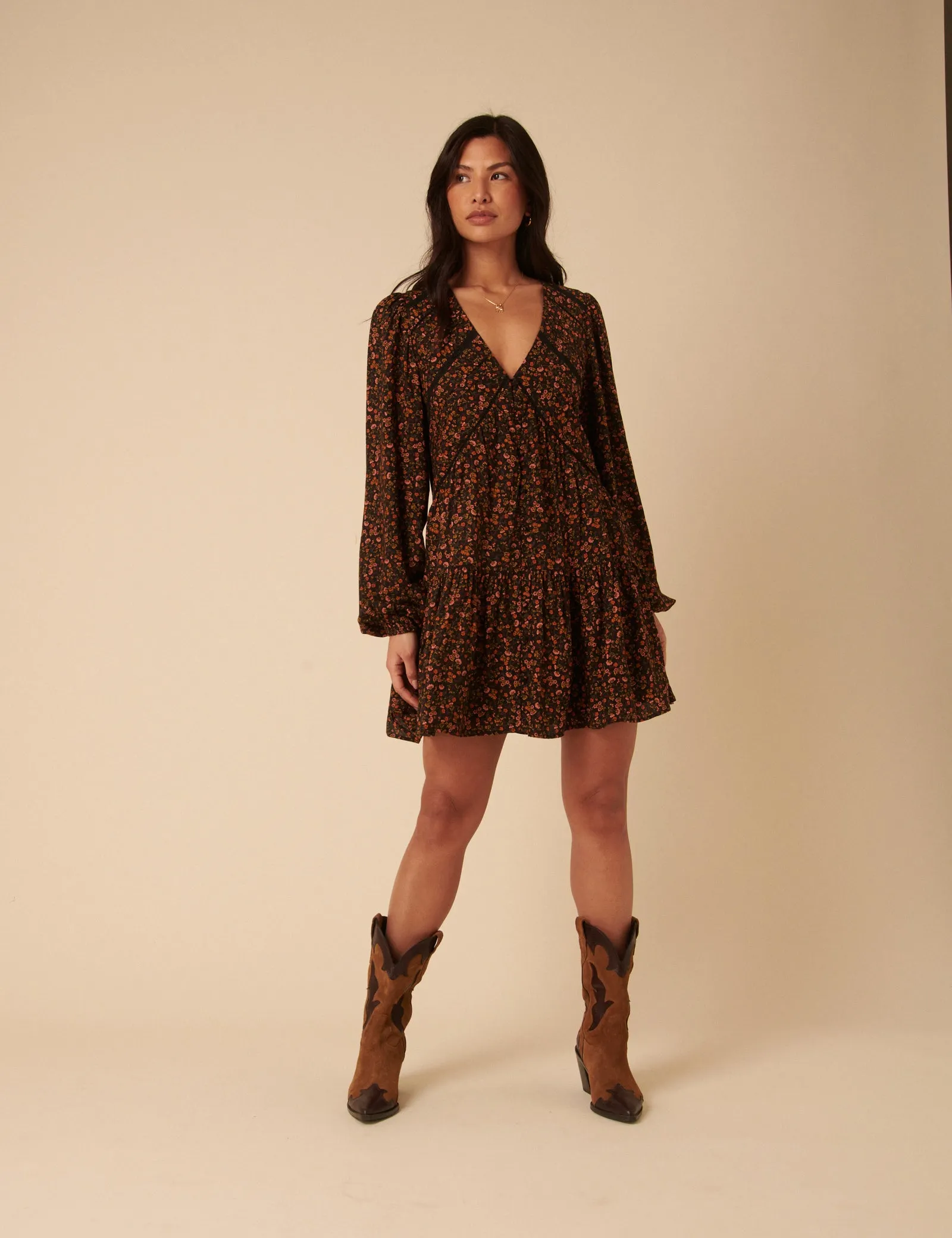 Black Ditsy Floral Long Sleeve Marley Mini Dress sold by Nobody's Child product image thumbnail 4