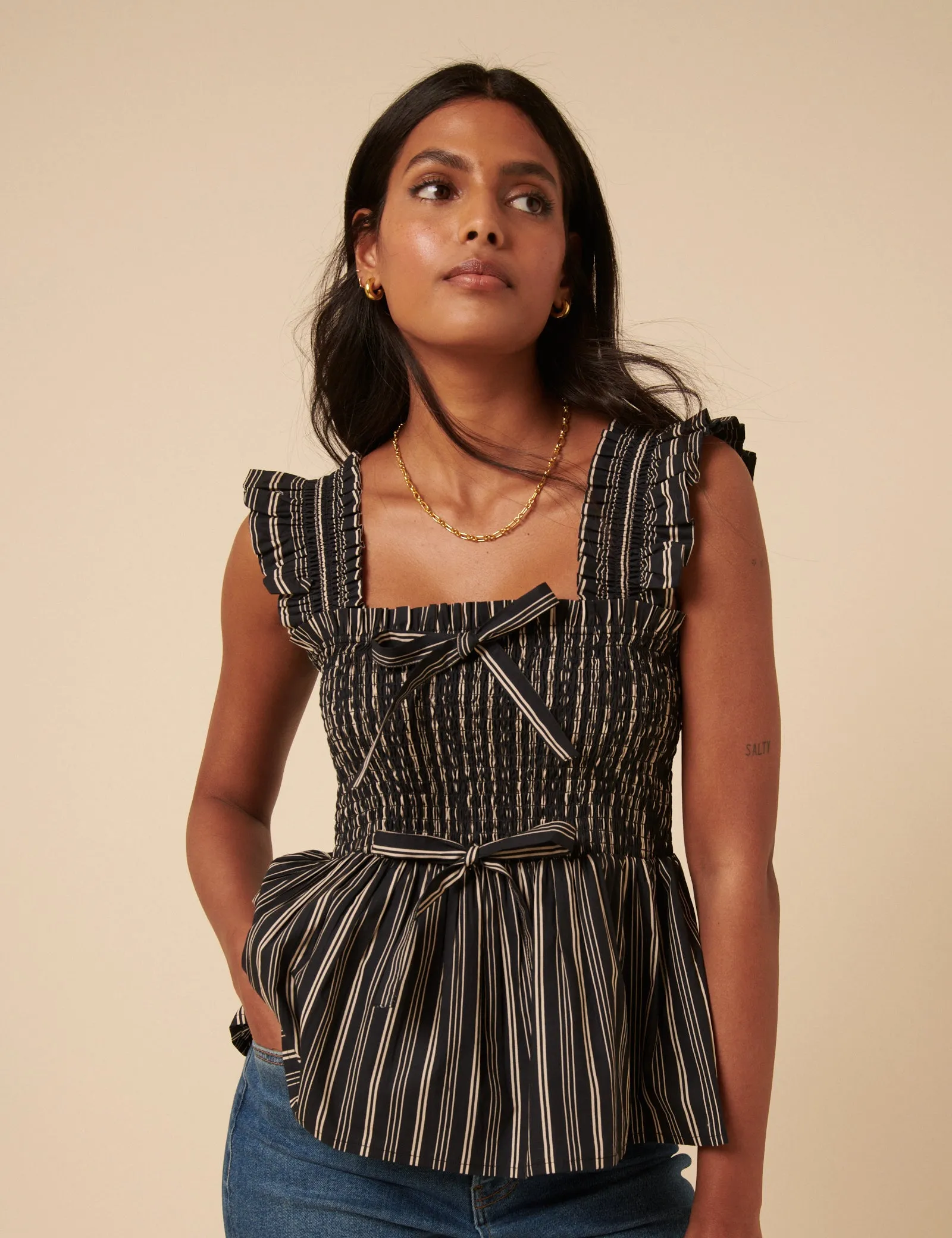 Black And White Pinstripe Shirred Top sold by Nobody's Child product image thumbnail 2