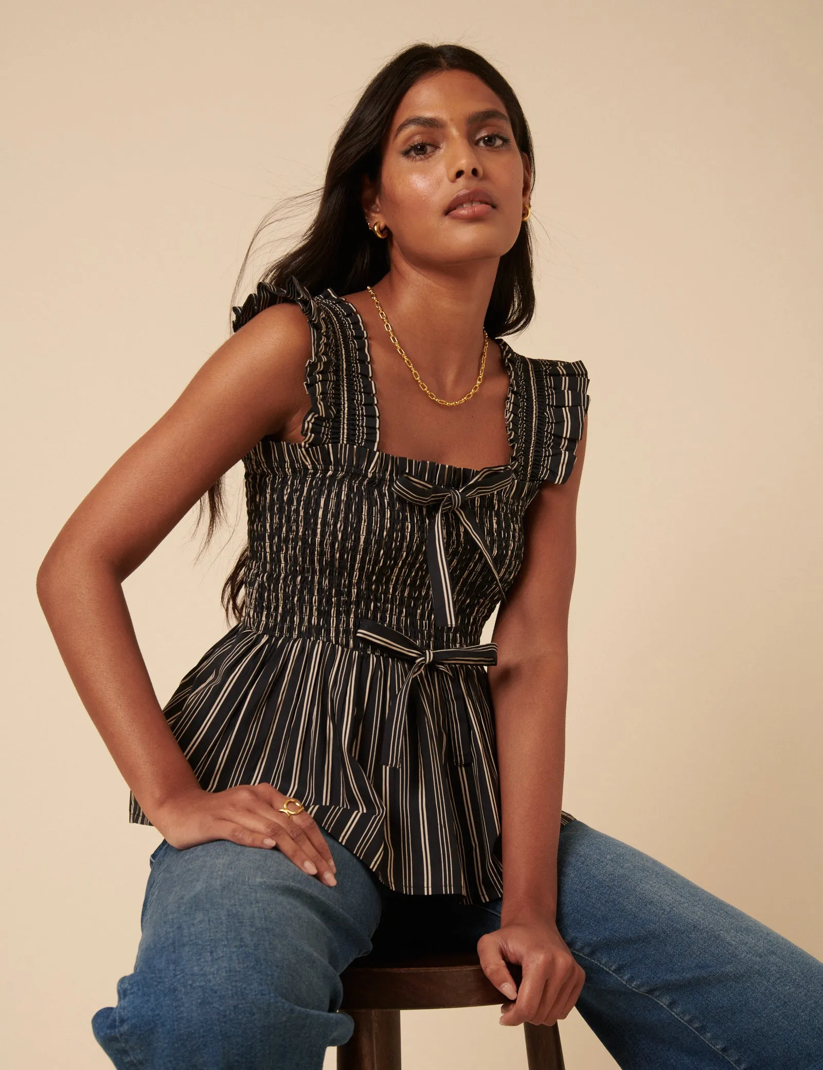 Black And White Pinstripe Shirred Top sold by Nobody's Child