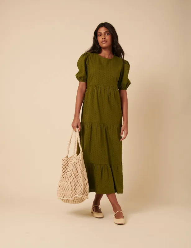 Green Spotty Puff Sleeve Betty Midi Dress sold by Nobody's Child