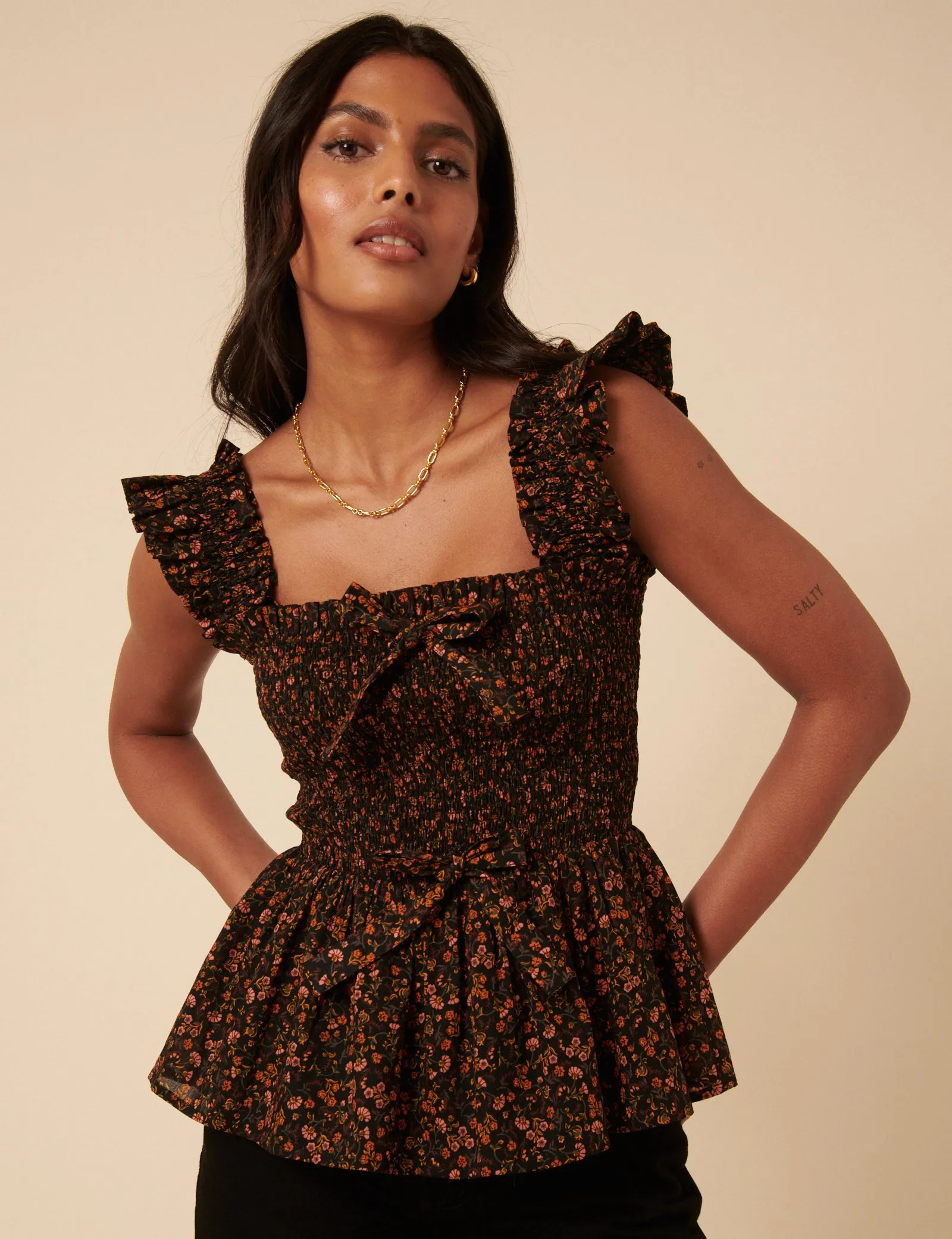 Black Ditsy Floral Shirred Top sold by Nobody's Child