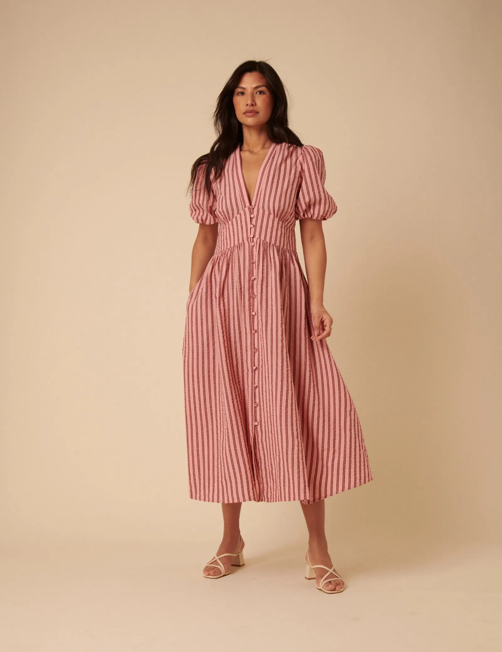 Pink And Red Striped Starlight Midi Dress sold by Nobody's Child