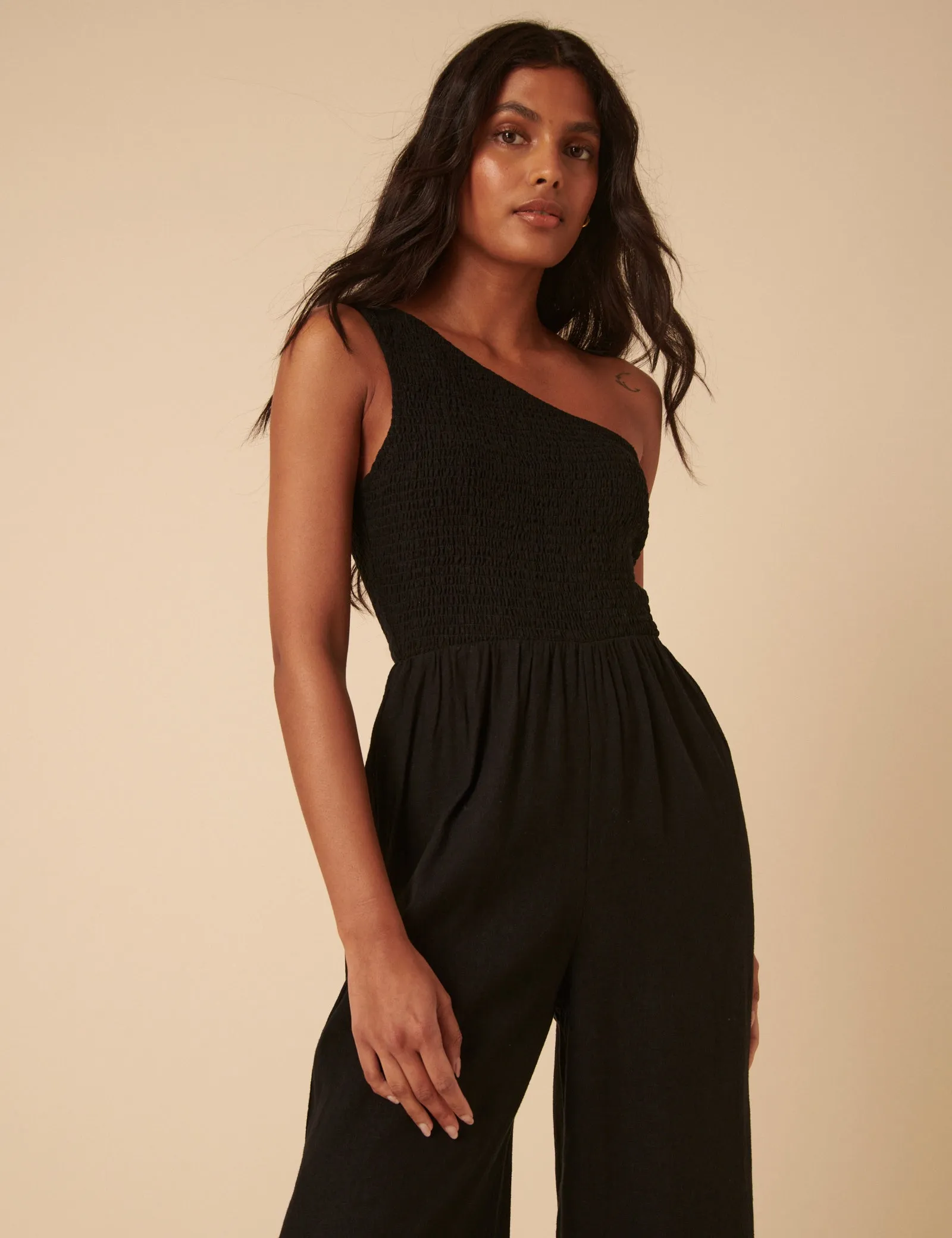 Black Linen-blend One Shoulder Ruched Jumpsuit sold by Nobody's Child product image thumbnail 4