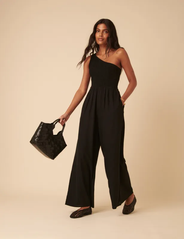 Black Linen-blend One Shoulder Ruched Jumpsuit sold by Nobody's Child
