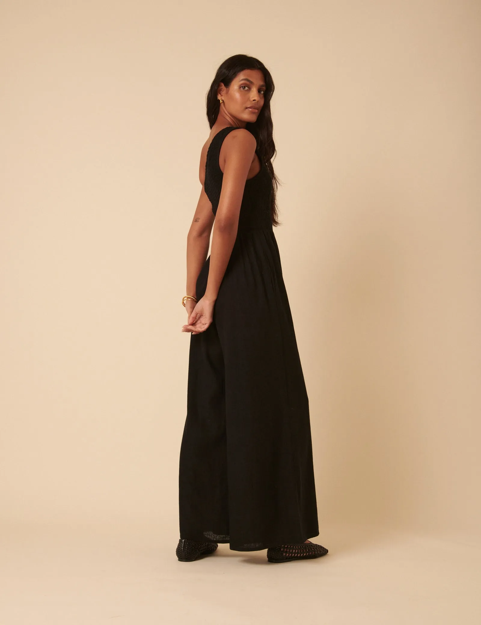 Black Linen-blend One Shoulder Ruched Jumpsuit sold by Nobody's Child product image thumbnail 5