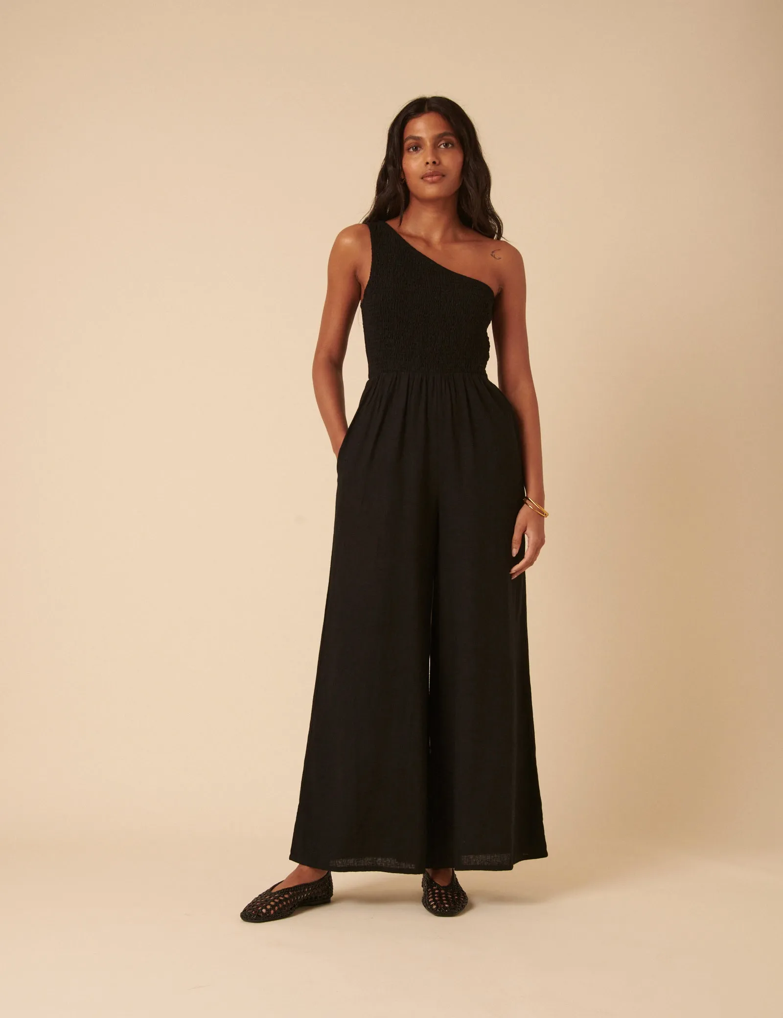 Black Linen-blend One Shoulder Ruched Jumpsuit sold by Nobody's Child product image thumbnail 3
