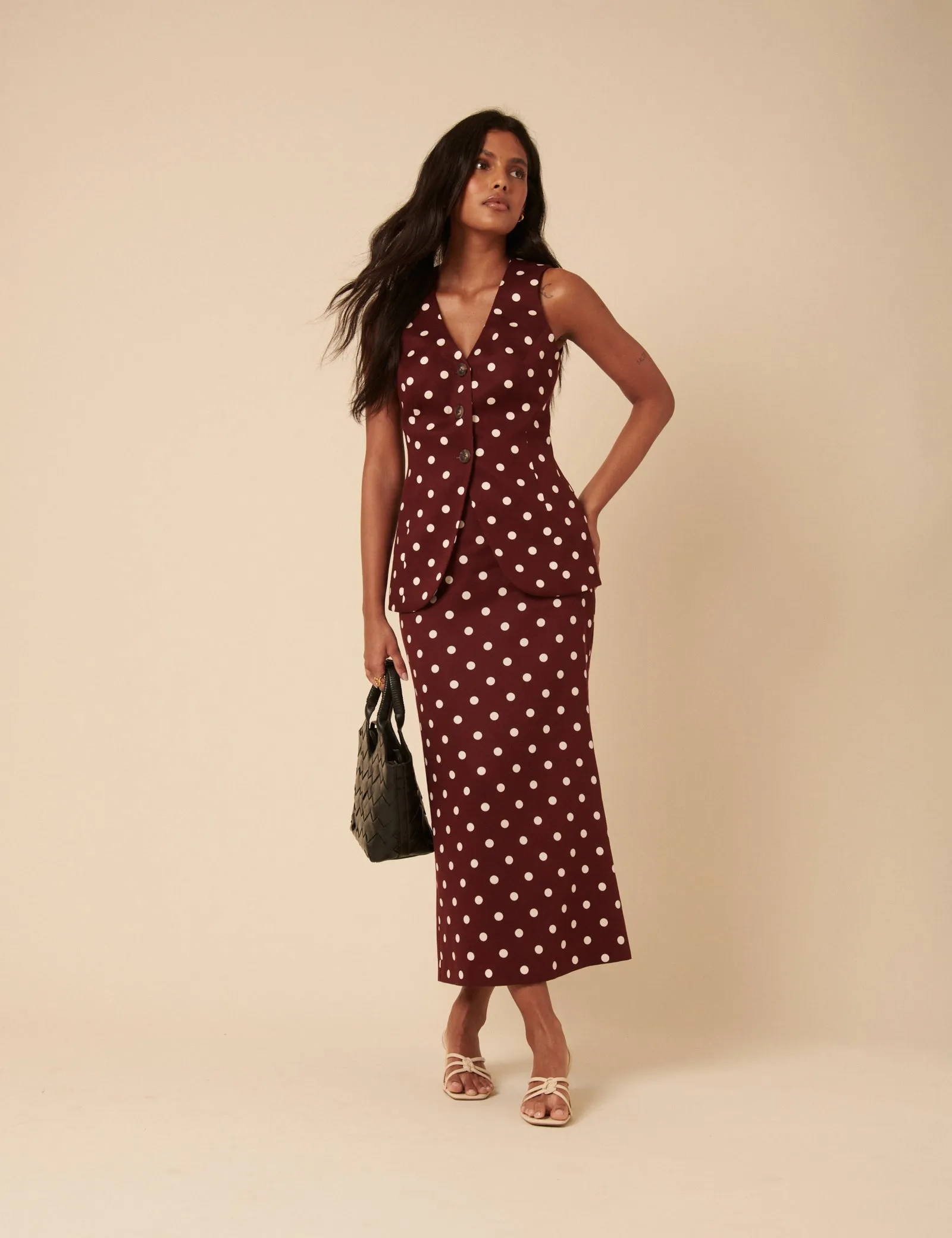 Burgundy Polka Dot Midi Skirt sold by Nobody's Child