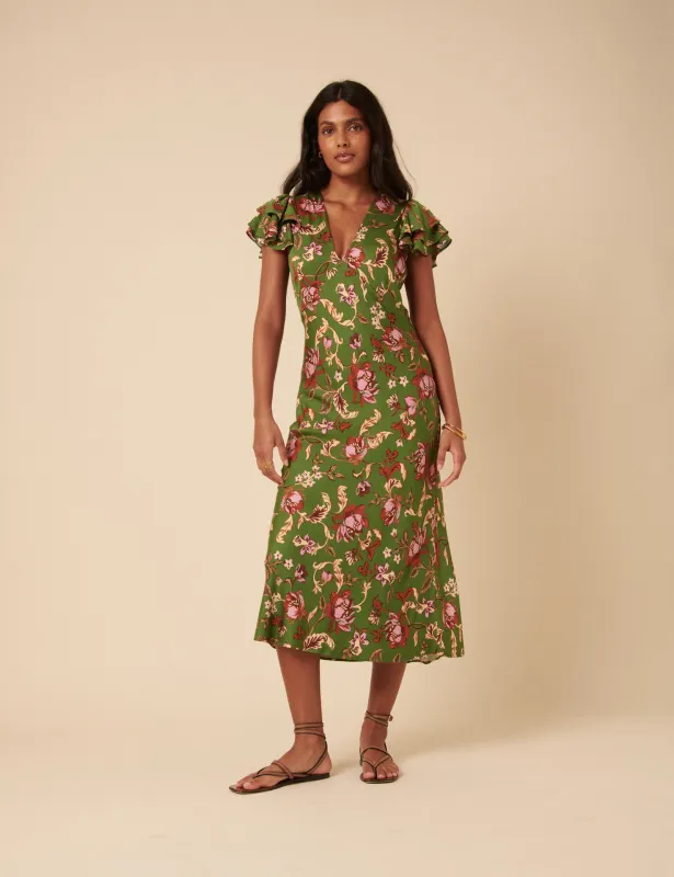 Green Floral Frill Sleeve Layla Midi Dress sold by Nobody's Child