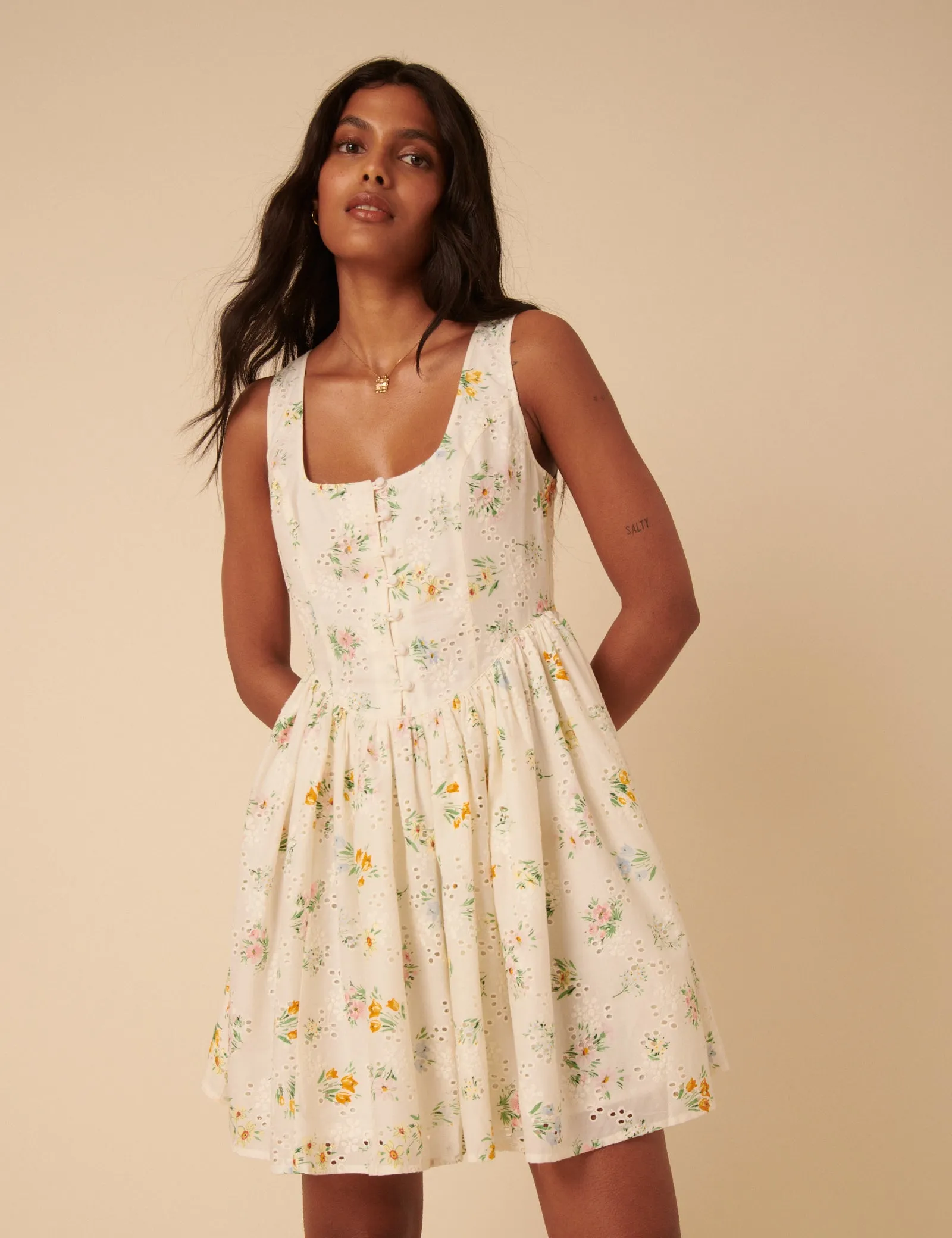 White Ditsy Floral Drop Waist Cora Mini Dress sold by Nobody's Child product image thumbnail 3