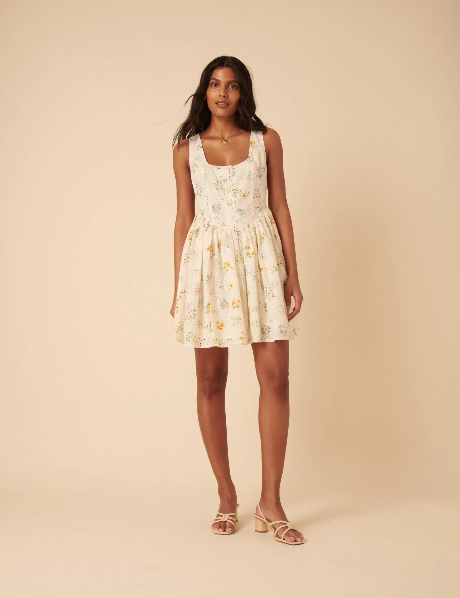 White Ditsy Floral Drop Waist Cora Mini Dress sold by Nobody's Child