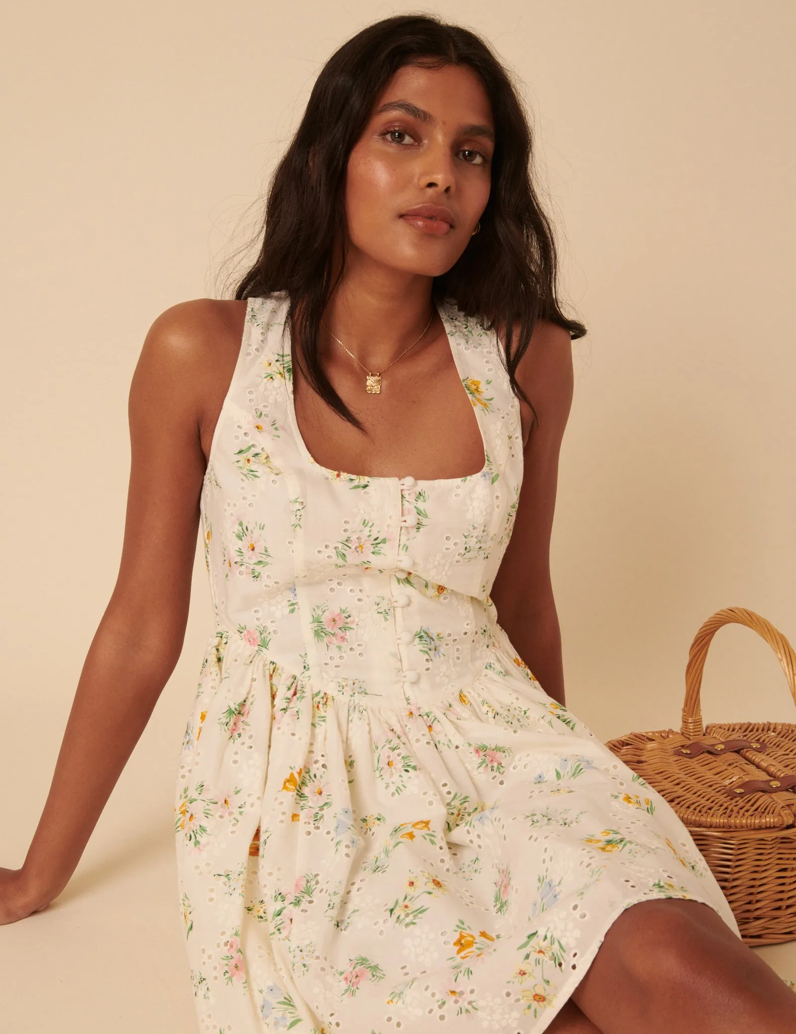 White Ditsy Floral Drop Waist Cora Mini Dress sold by Nobody's Child product image thumbnail 2
