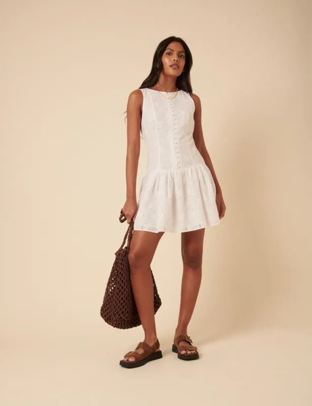 White Broderie Angalise Claudia Mini Dress sold by Nobody's Child
