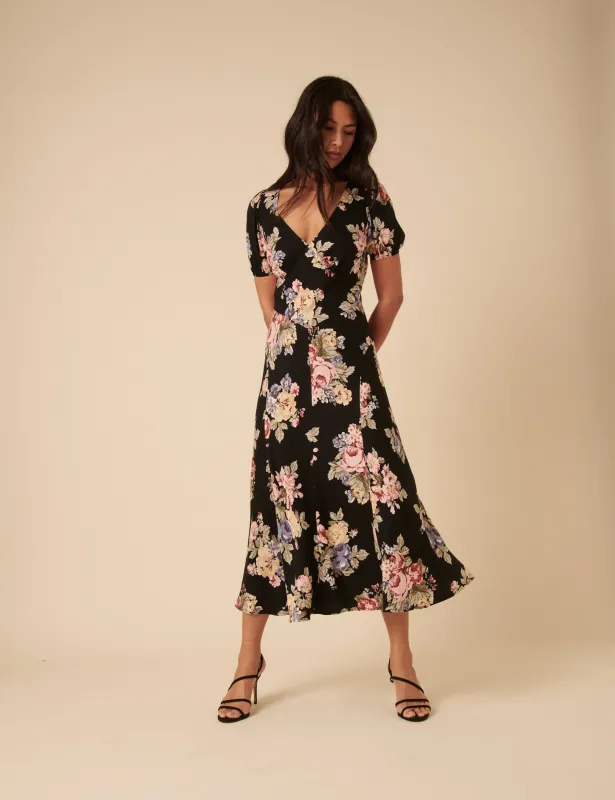 Black Floral Ella Midi Dess sold by Nobody's Child