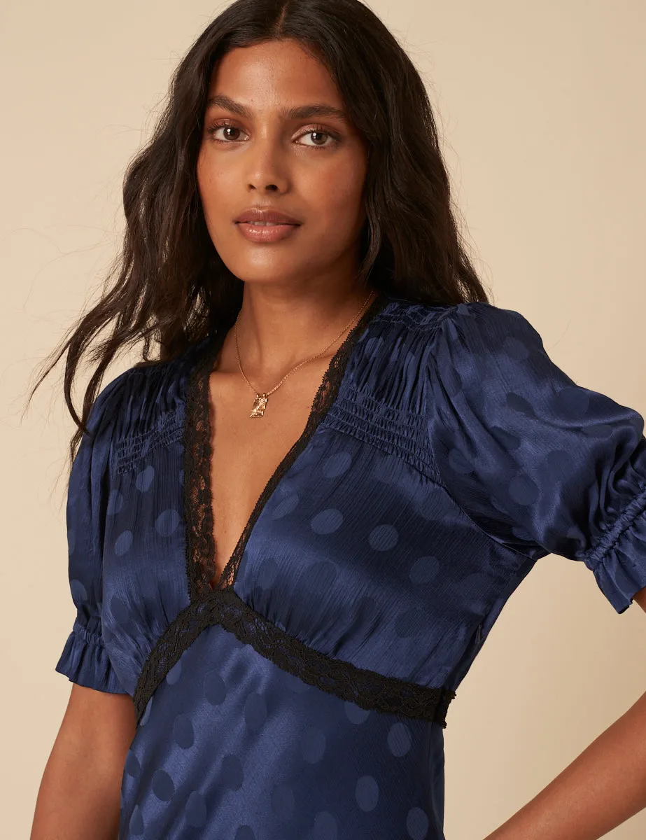 Navy Polka Dot Jacquard Angela Midi Dress sold by Nobody's Child product image thumbnail 3