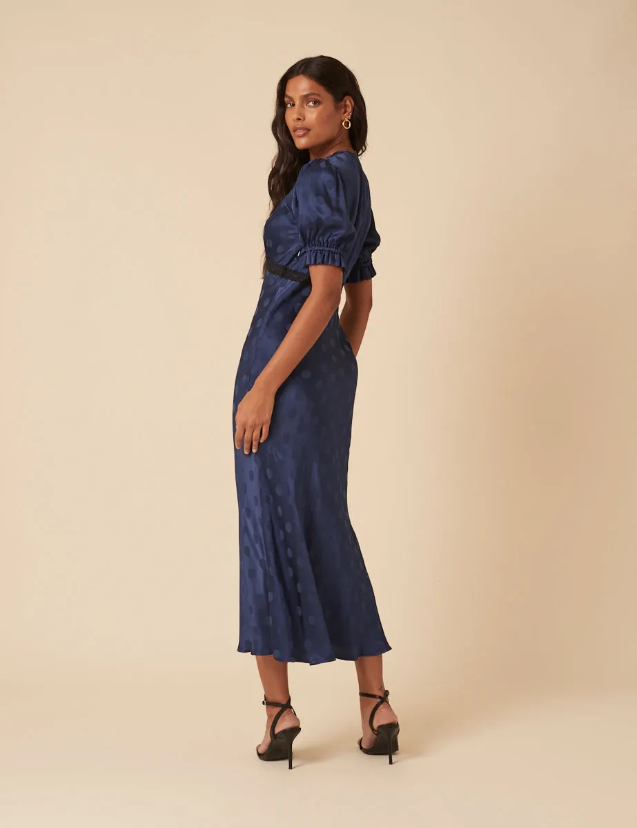 Navy Polka Dot Jacquard Angela Midi Dress sold by Nobody's Child product image thumbnail 4