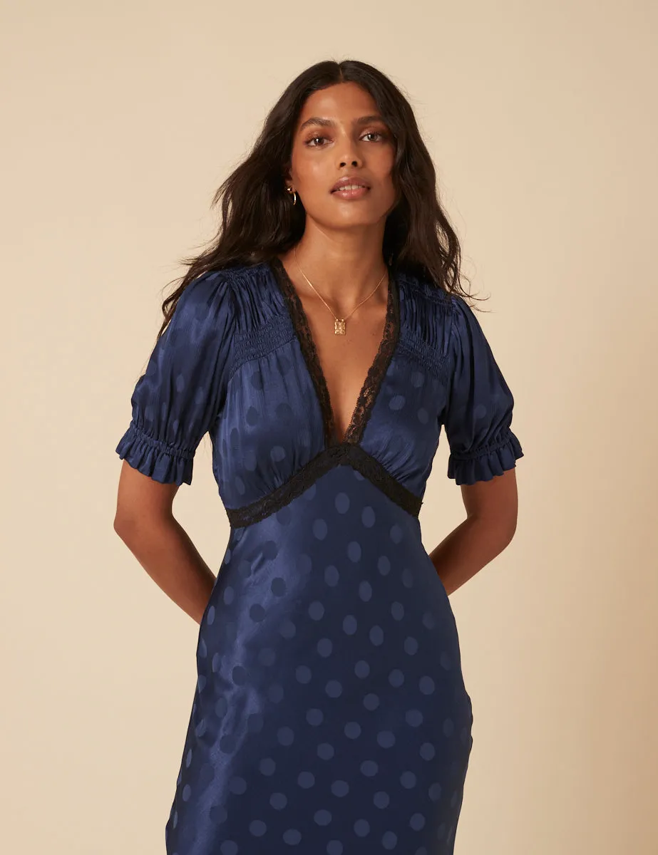 Navy Polka Dot Jacquard Angela Midi Dress sold by Nobody's Child product image thumbnail 2