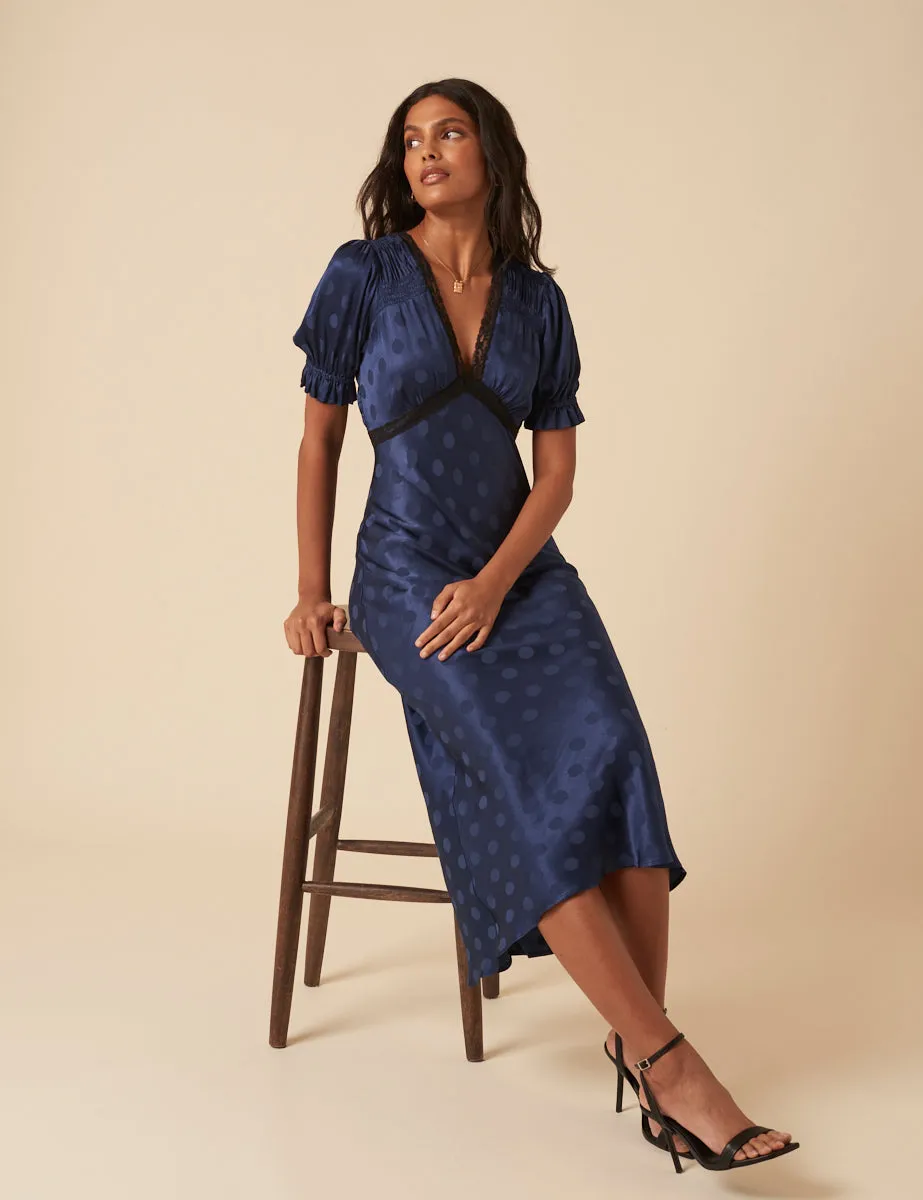 Navy Polka Dot Jacquard Angela Midi Dress sold by Nobody's Child product image thumbnail 5