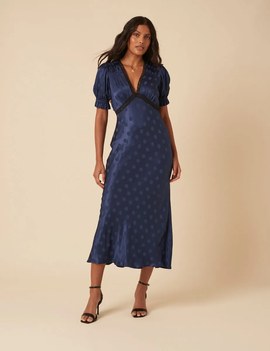 Navy Polka Dot Jacquard Angela Midi Dress sold by Nobody's Child