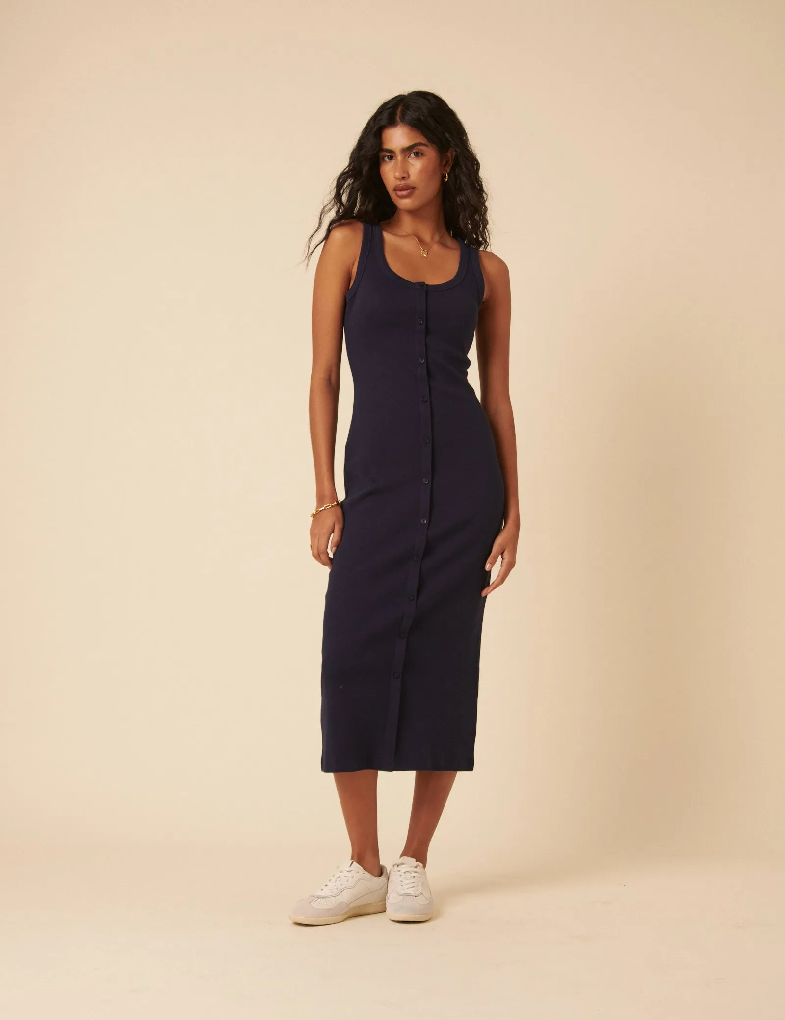 Navy Ribbed Scoop Neck Midi Dress sold by Nobody's Child