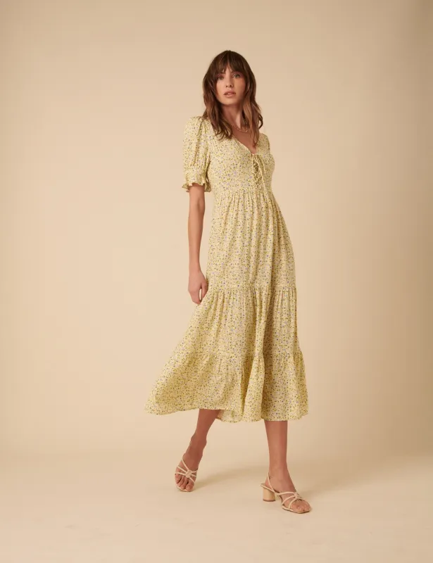 Butter Yellow Ditsy Floral Lia Midi Dress sold by Nobody's Child