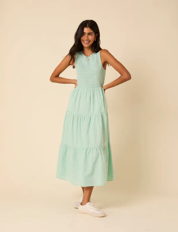Mint Green Gingham Sleeveless Tiered Charlie Midi Dress sold by Nobody's Child
