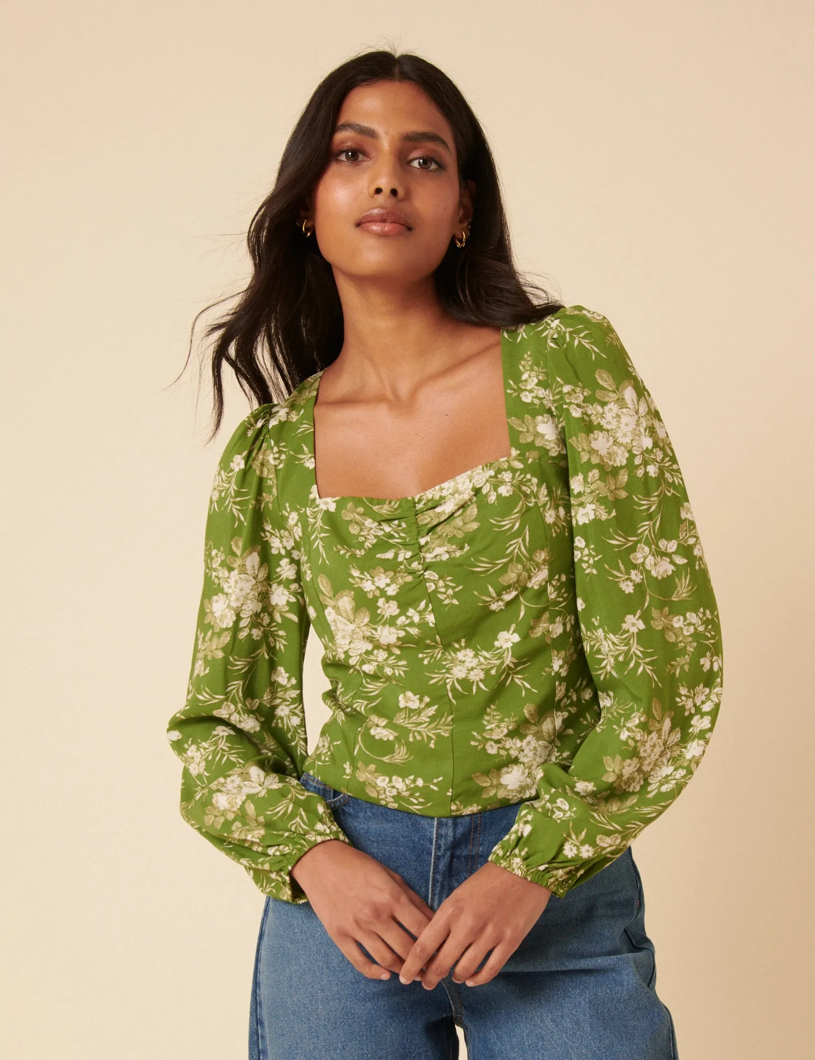 Green Floral Balloon Sleeve Top sold by Nobody's Child