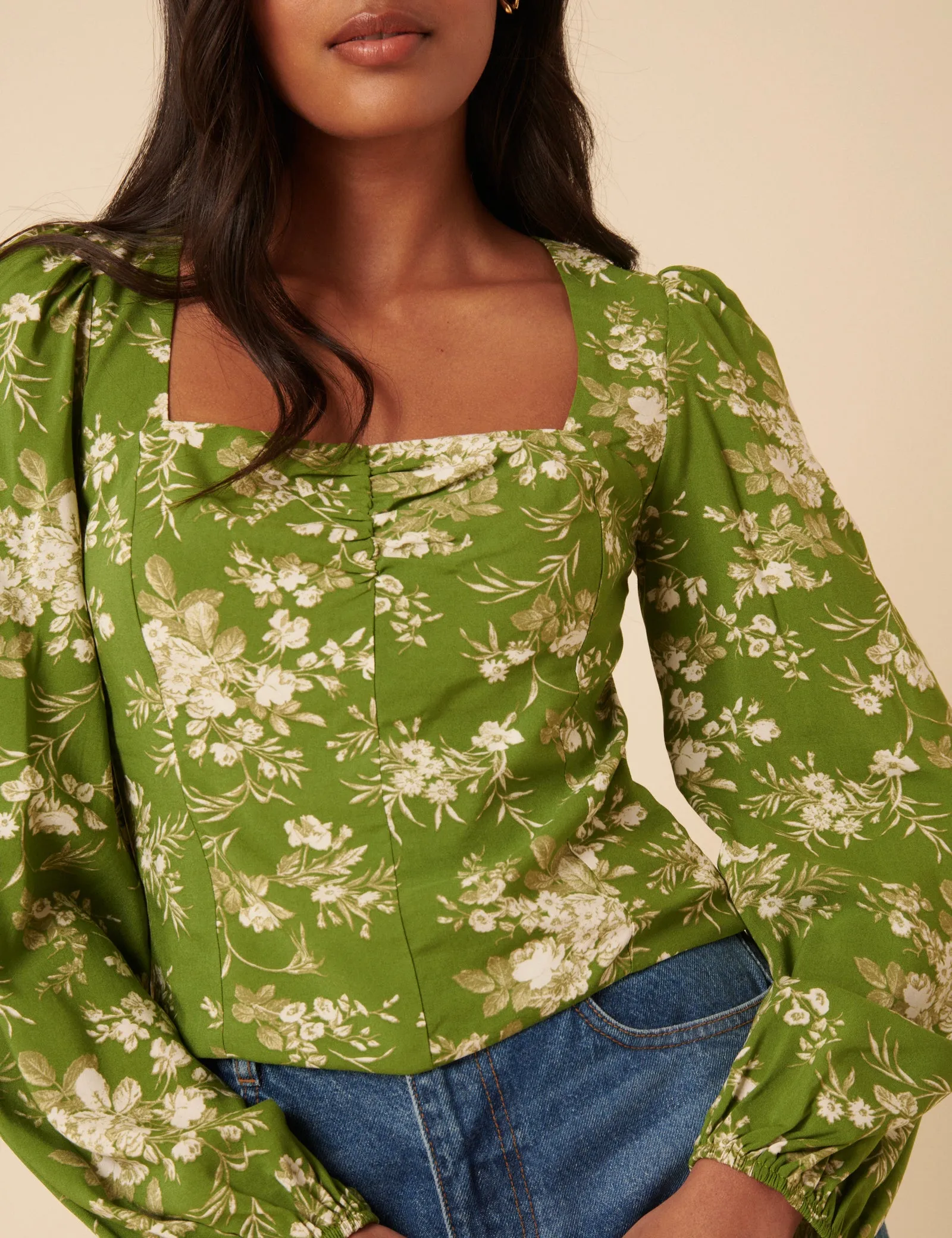 Green Floral Balloon Sleeve Top sold by Nobody's Child product image thumbnail 2