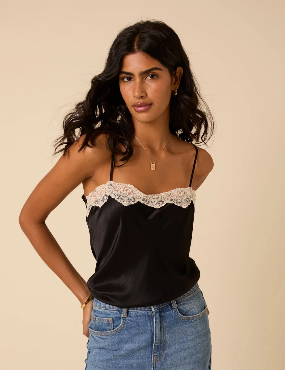 Black Satin Lace Cami Top sold by Nobody's Child