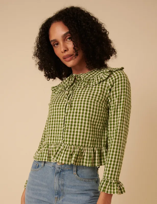 Green Gingham Ruffle Blouse sold by Nobody's Child