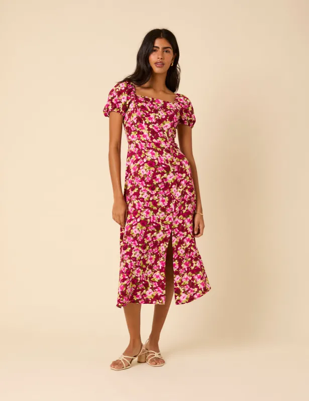 Pink Floral Leith Puff Sleeve Midi Dress sold by Nobody's Child