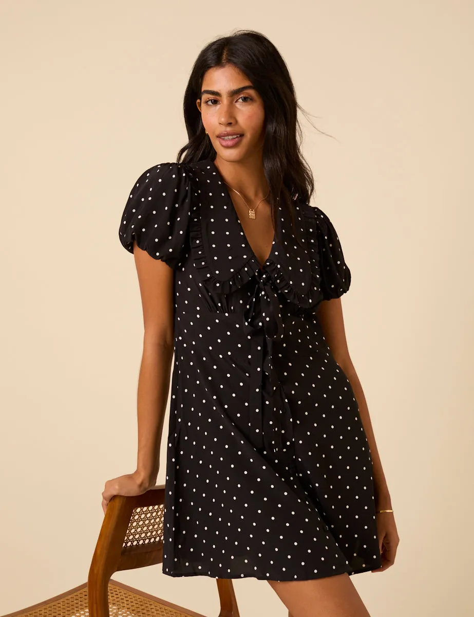 Black Polka Dot Puff Sleeve Mini Dress sold by Nobody's Child product image thumbnail 3