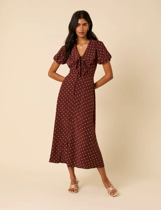 Brown Polka Dot Puff Sleeve Ottillie Midi Dress sold by Nobody's Child