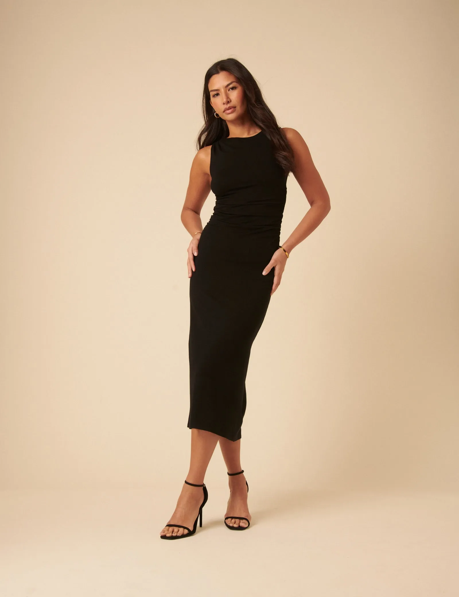 Black Ruched Jersey Midi Dress sold by Nobody's Child