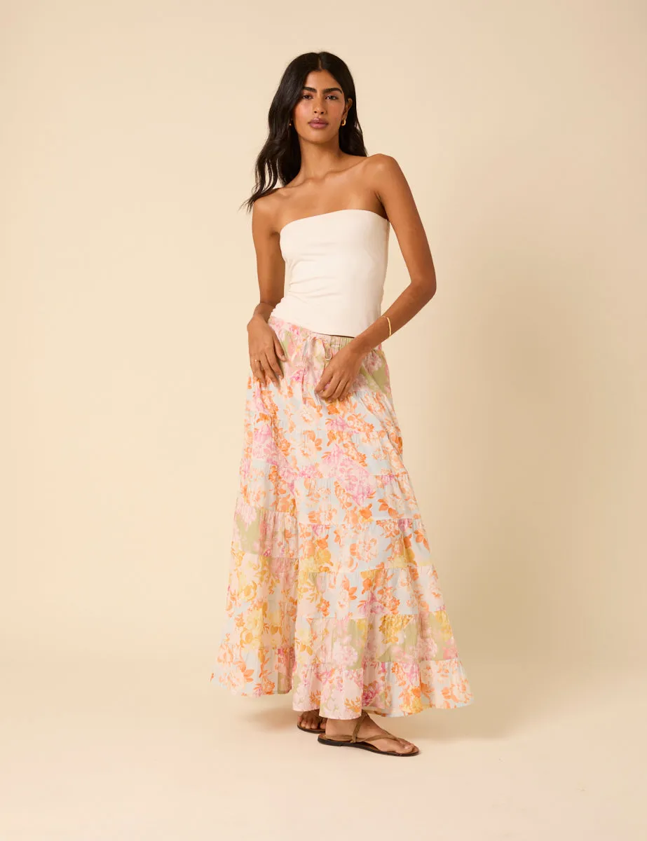Pink Floral Printed Tiered Midi Skirt sold by Nobody's Child