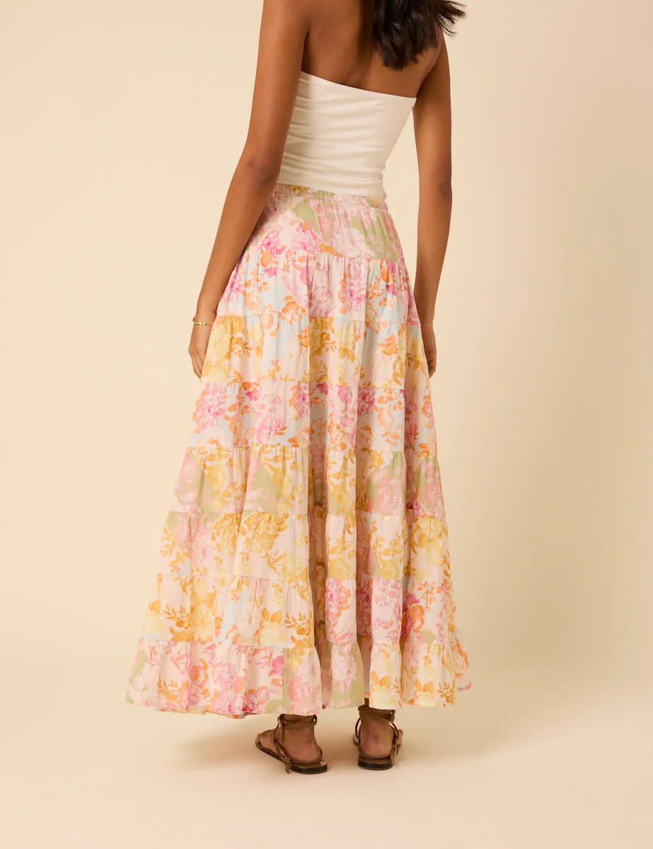 Pink Floral Printed Tiered Midi Skirt sold by Nobody's Child product image thumbnail 5