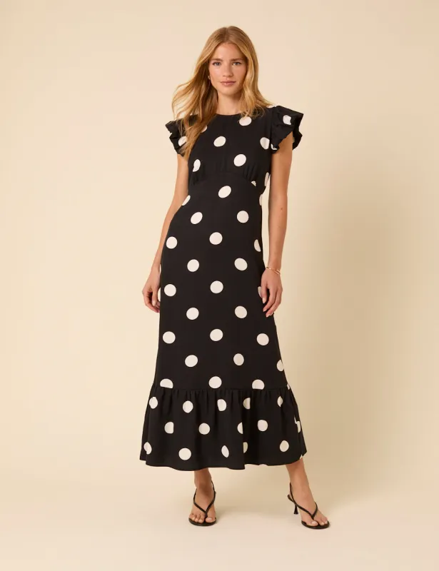 Black Polka Dot Frill Sleeve Clara Midi Dress sold by Nobody's Child