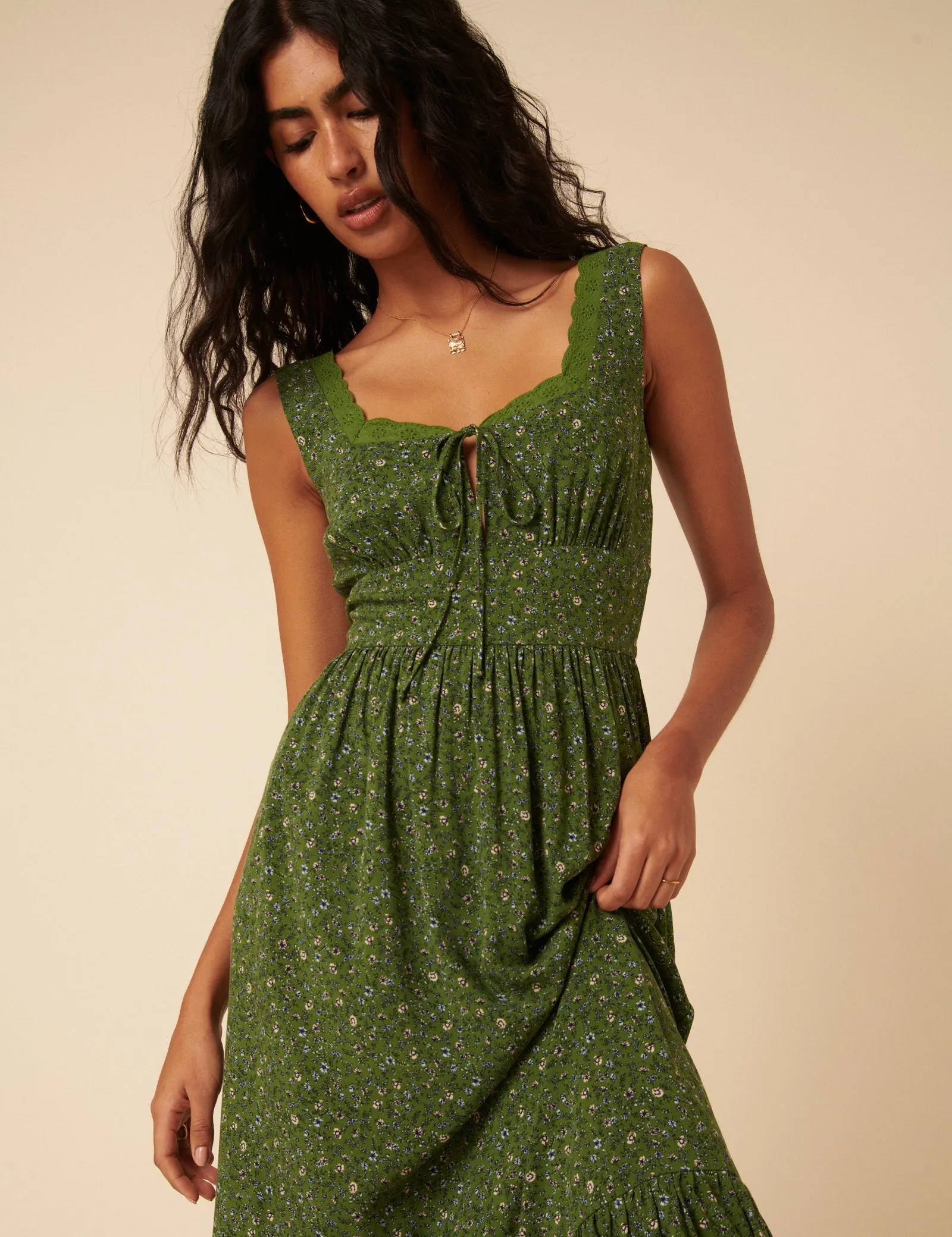 Green Ditsy Floral Tiered Heather Midi Dress sold by Nobody's Child product image thumbnail 3