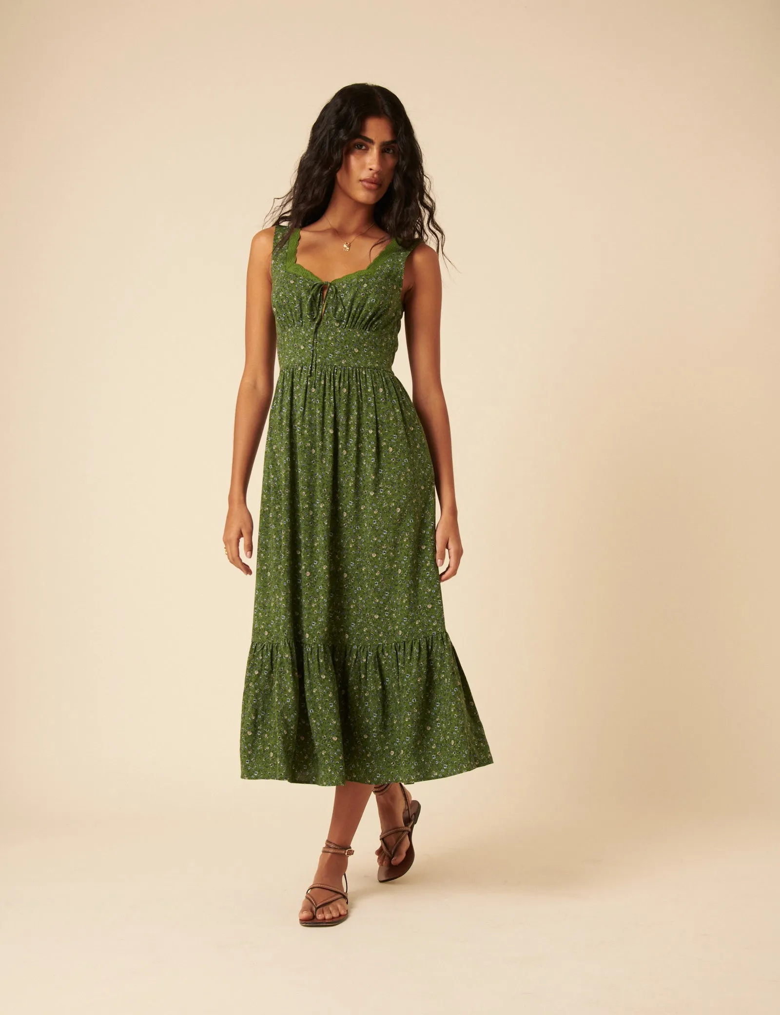 Green Ditsy Floral Tiered Heather Midi Dress sold by Nobody's Child