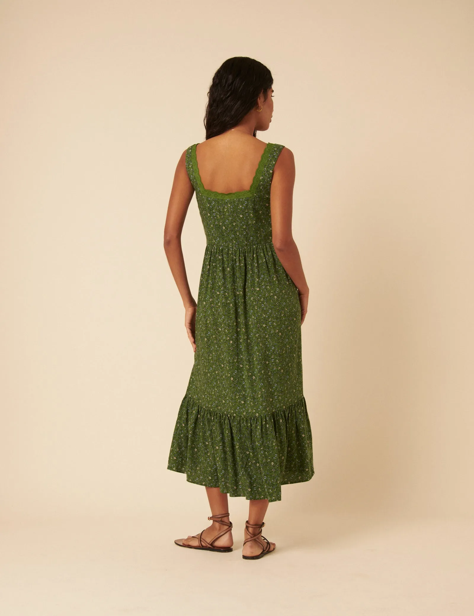 Green Ditsy Floral Tiered Heather Midi Dress sold by Nobody's Child product image thumbnail 5