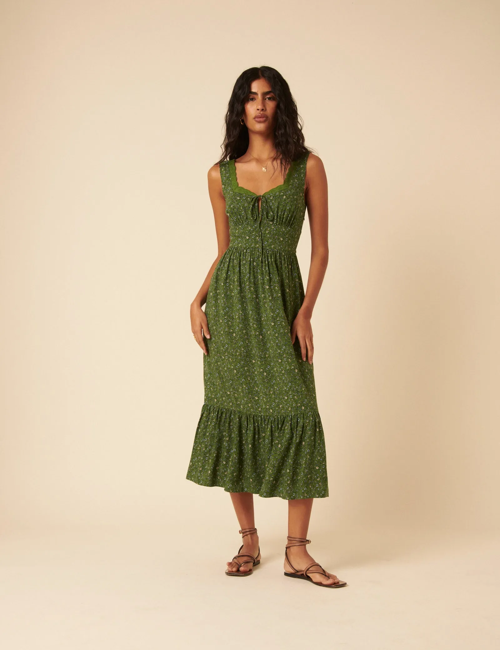 Green Ditsy Floral Tiered Heather Midi Dress sold by Nobody's Child product image thumbnail 4