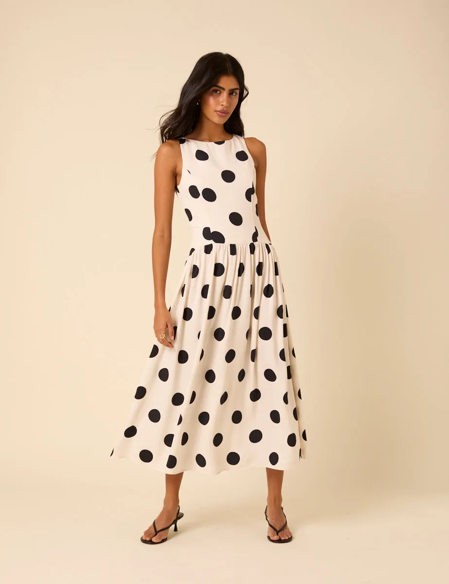 White Polka Dot Kyla Midi Dress sold by Nobody's Child