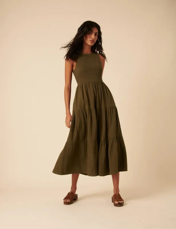 Khaki Green Sleeveless Charlie Midi Dress sold by Nobody's Child