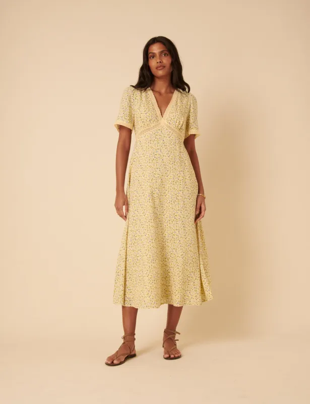 Butter Yellow Ditsy Floral Kharian Midi Dress sold by Nobody's Child