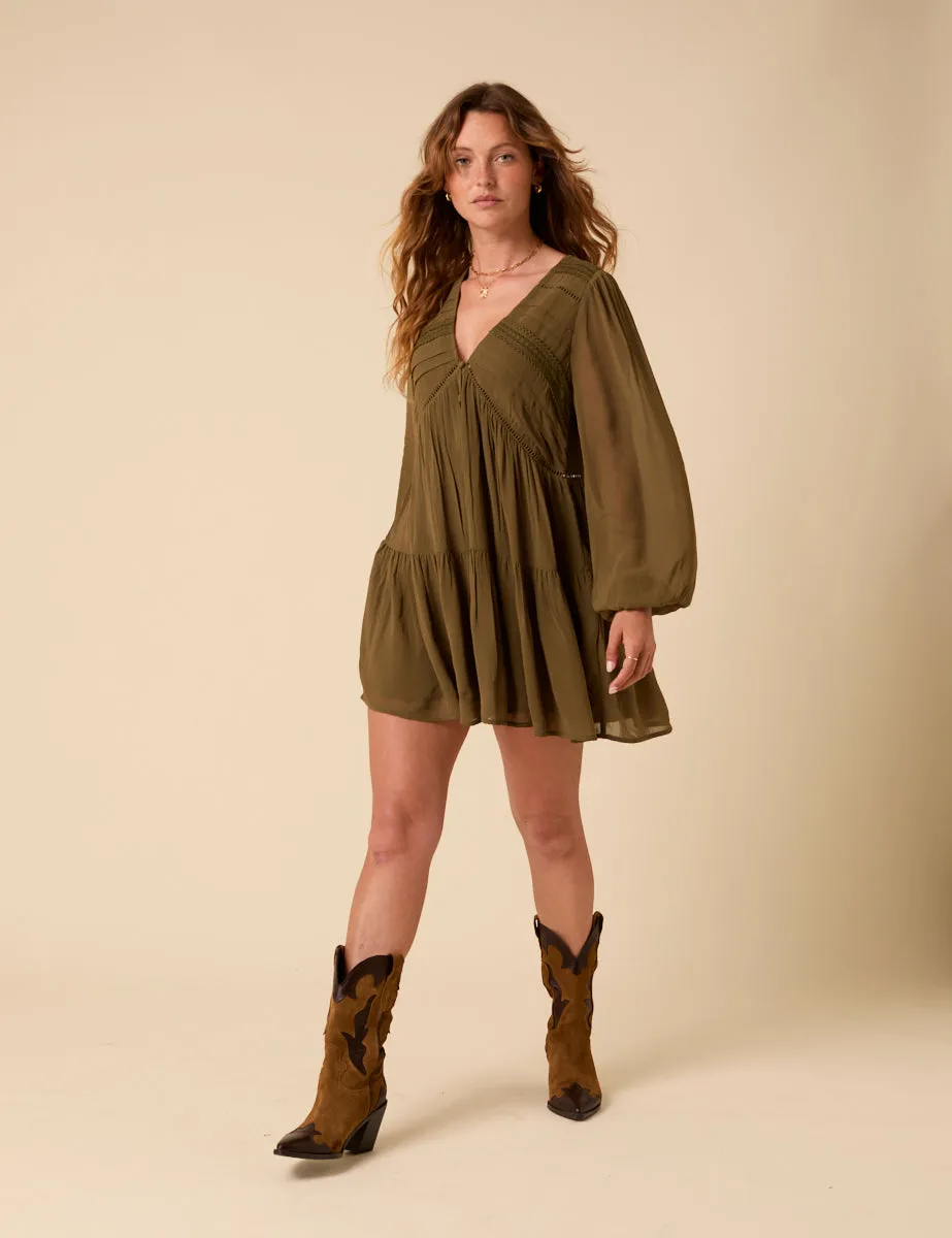 Petite Khaki Green Marley Mini Smock Dress sold by Nobody's Child
