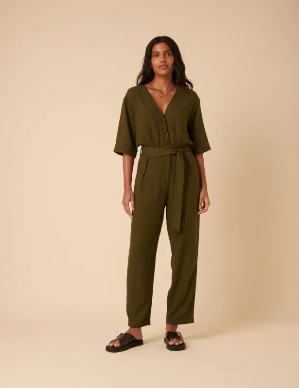Khaki Green Linen-blend Tie Waist Jumpsuit sold by Nobody's Child