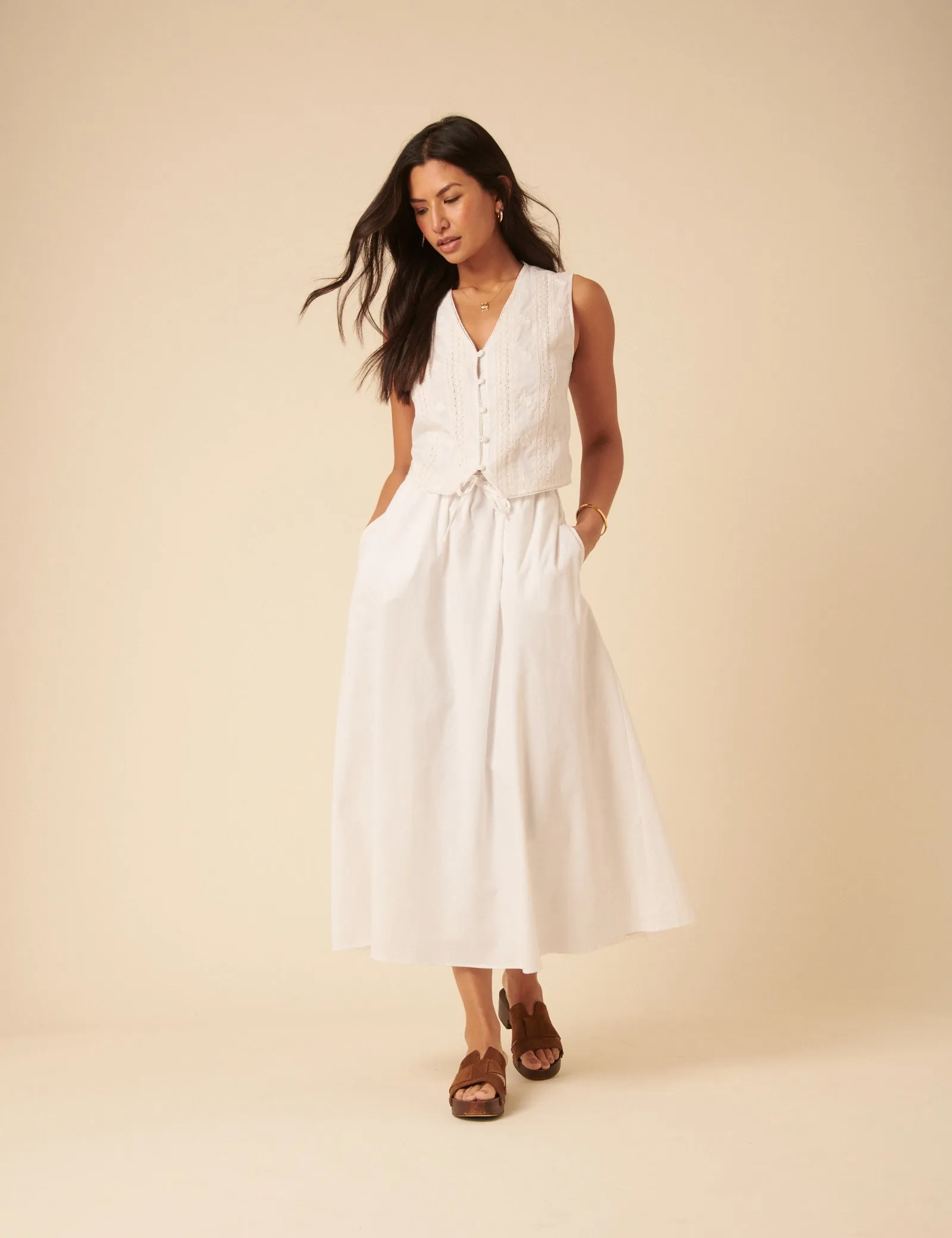 White Drawstring Midi Skirt sold by Nobody's Child