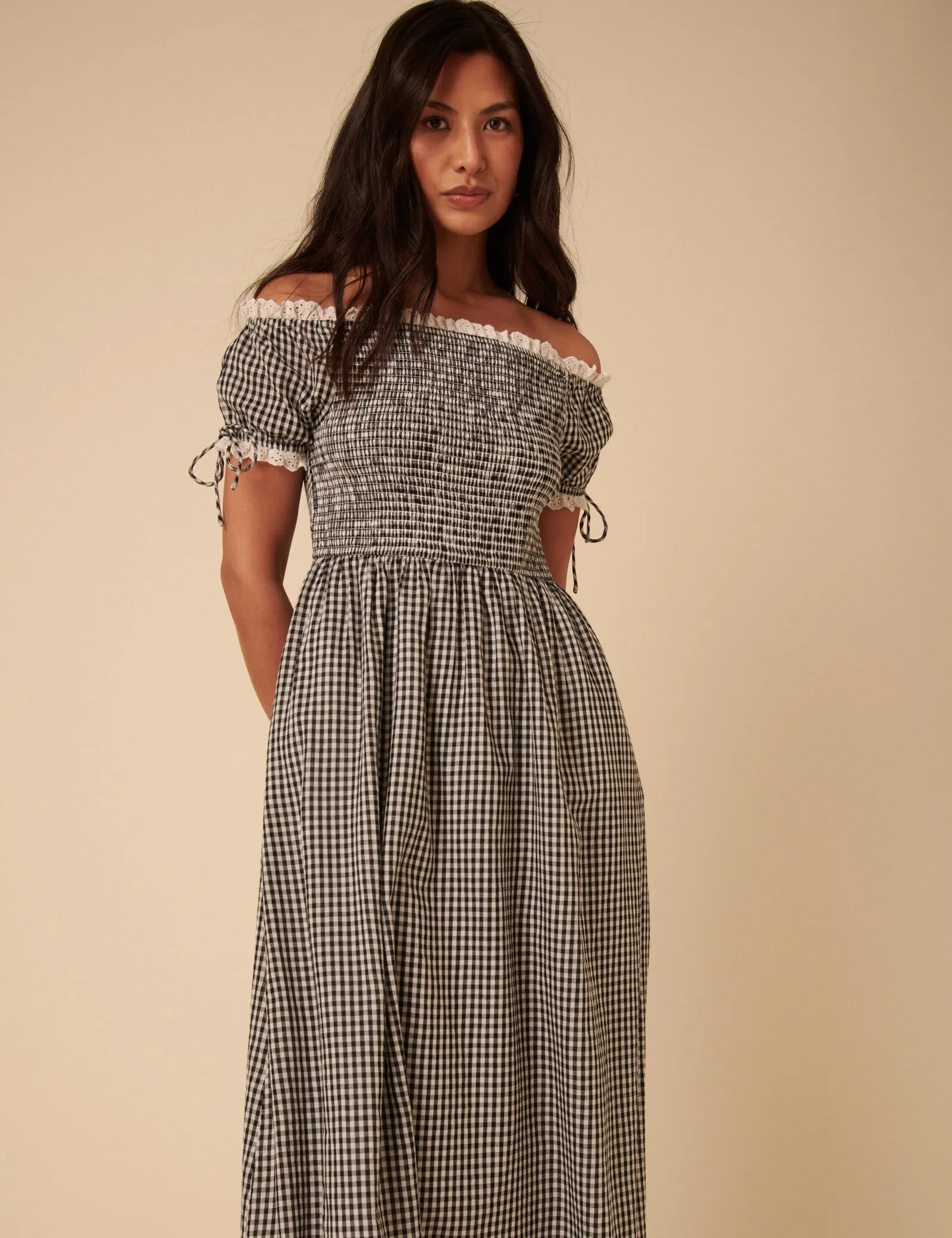 Black Gingham Bardot Adrianna Midi Dress sold by Nobody's Child product image thumbnail 3