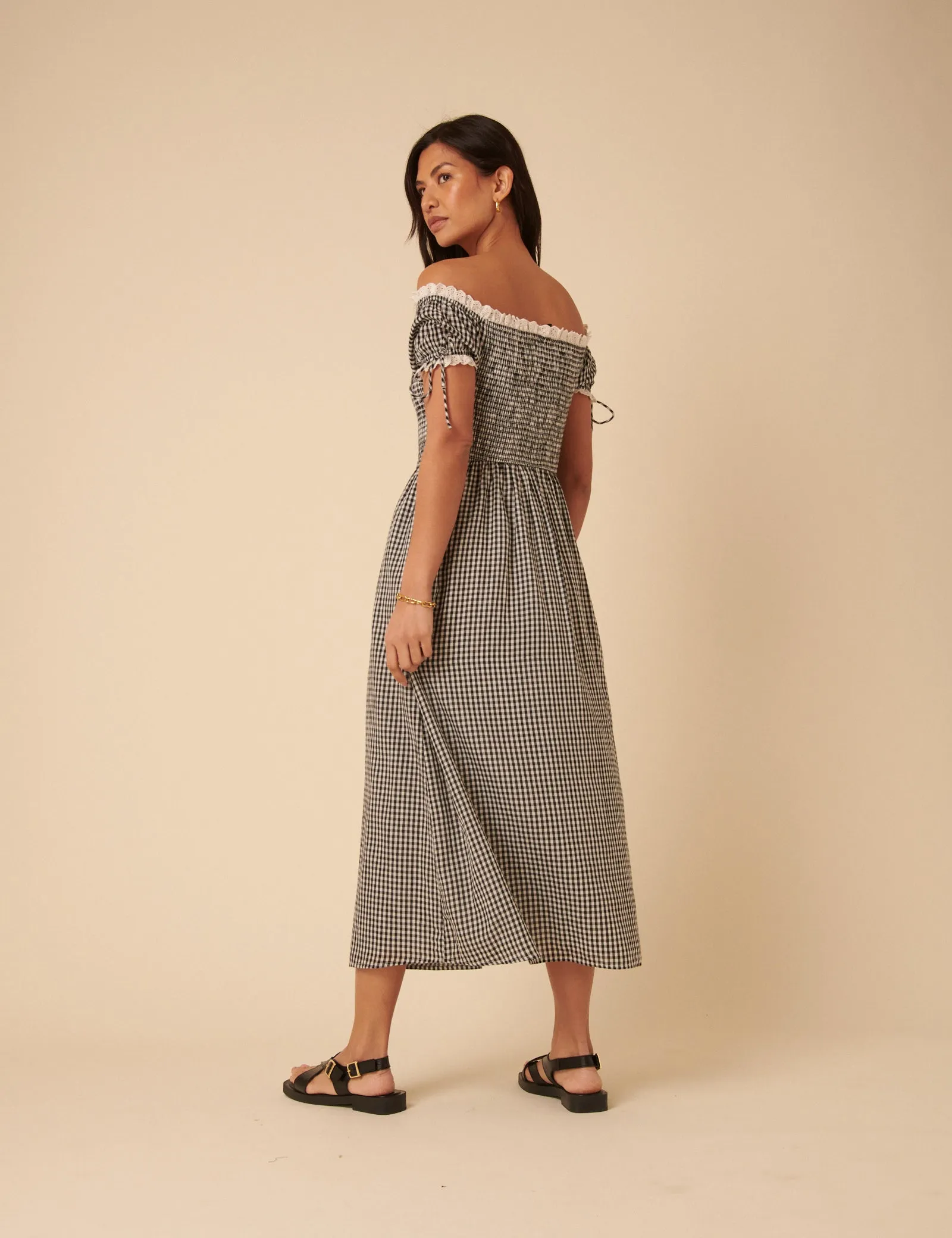 Black Gingham Bardot Adrianna Midi Dress sold by Nobody's Child product image thumbnail 4